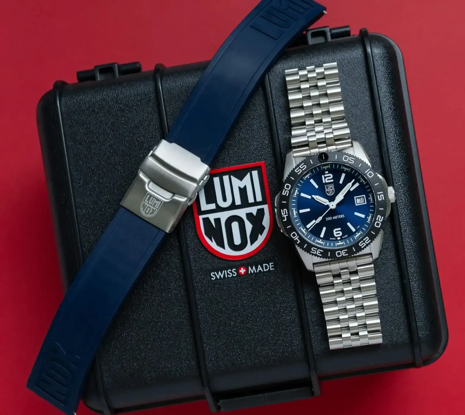High-end Luminox wristwatch with stainless steel band on black case, luxury watch repair.