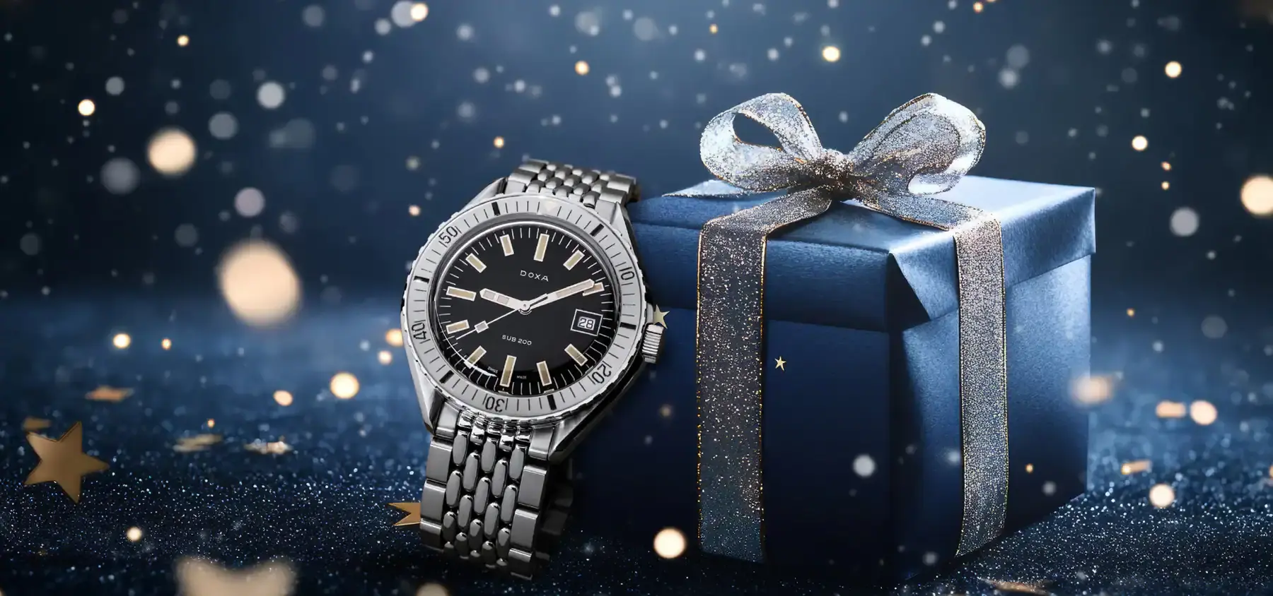 Luxurious Doxa wristwatch with silver band and vintage black dial on festive background.